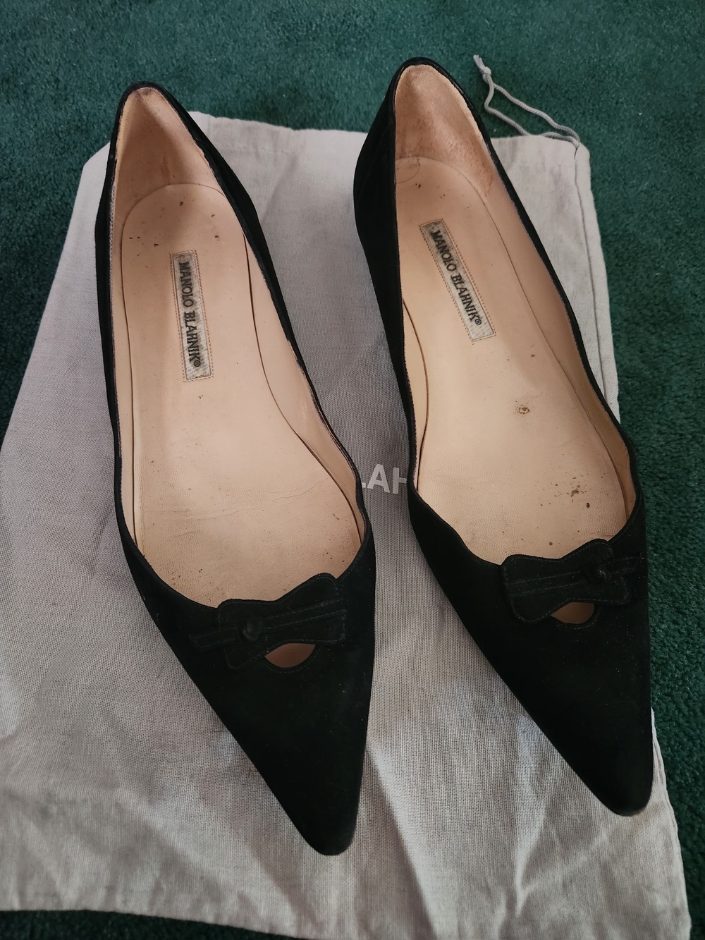 Manolo Blahnik Black Suede Pointed Toe Ballet Flats